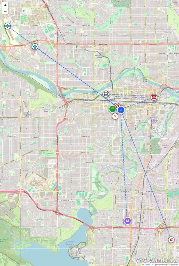 Daily accessibility map for 2530 720 13 AV SW, Calgary showing nearby schools, grocery stores, parks, LRT stations and nearby amenities