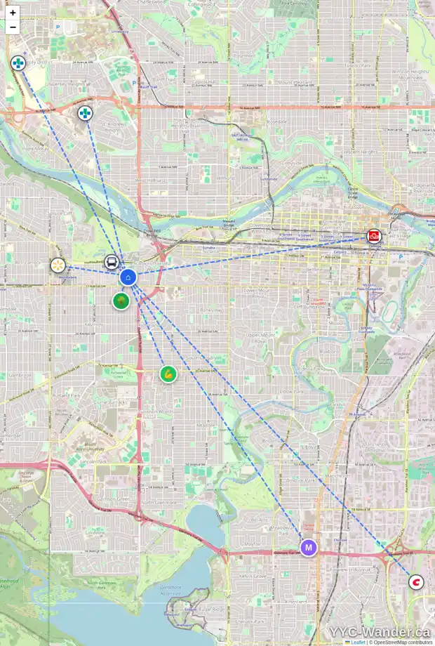 Daily accessibility map for 1701 25 ST SW, Calgary showing nearby schools, grocery stores, parks, LRT stations and nearby amenities