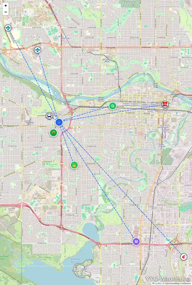 Daily accessibility map for 2535 14 AV SW, Calgary showing nearby schools, grocery stores, parks, LRT stations and nearby amenities