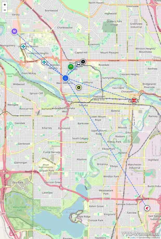 Daily accessibility map for 2331 6 AV NW, Calgary showing nearby schools, grocery stores, parks, LRT stations and nearby amenities