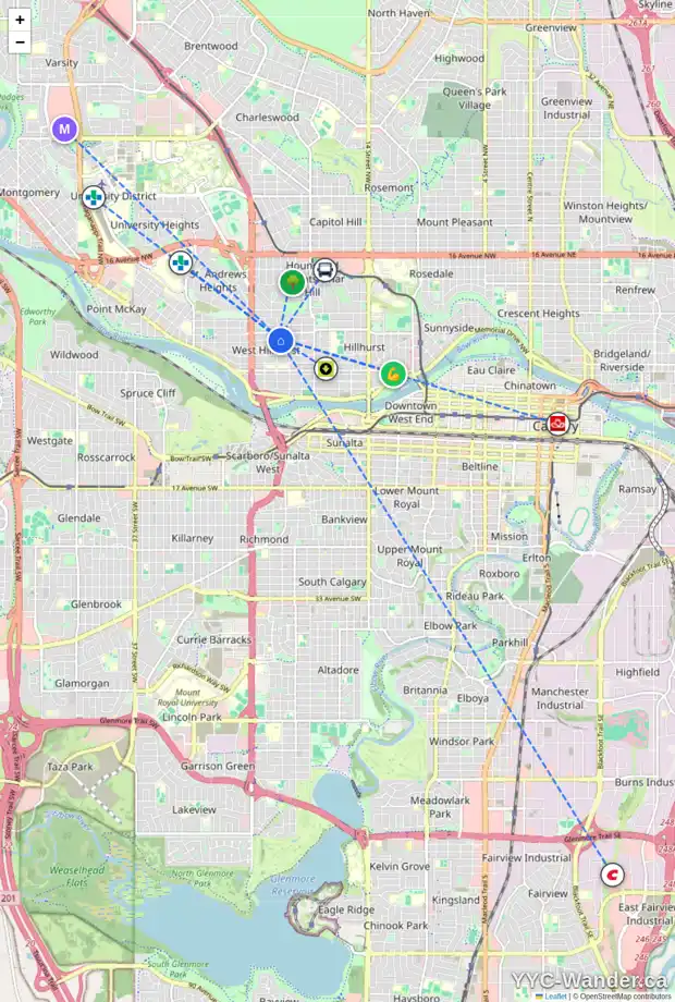 Daily accessibility map for 2236 4 AV NW, Calgary showing nearby schools, grocery stores, parks, LRT stations and nearby amenities