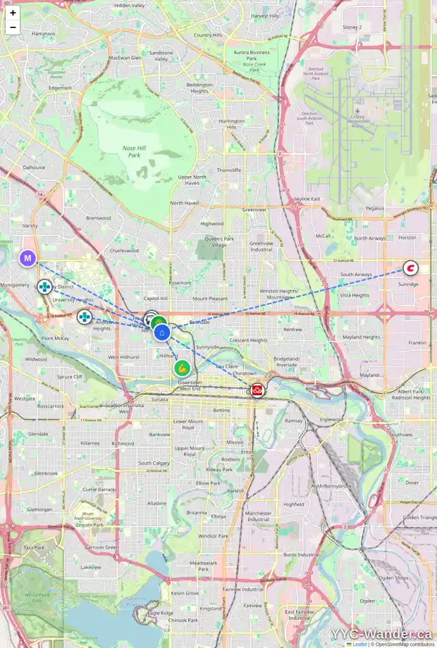 Daily accessibility map for 1225 16A ST NW, Calgary showing nearby schools, grocery stores, parks, LRT stations and nearby amenities