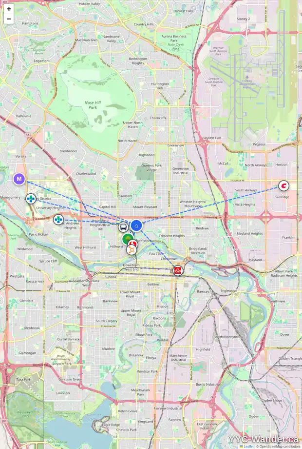 Daily accessibility map for 1402 CRESCENT RD NW, Calgary showing nearby schools, grocery stores, parks, LRT stations and nearby amenities