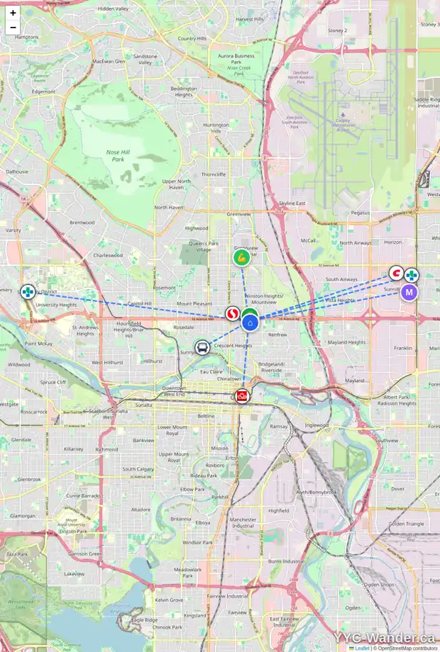 Daily accessibility map for 438 15 AV NE, Calgary showing nearby schools, grocery stores, parks, LRT stations and nearby amenities
