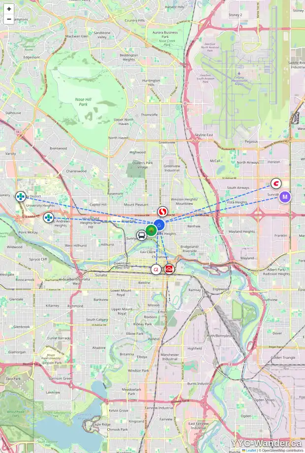 Daily accessibility map for 122 12 AV NW, Calgary showing nearby schools, grocery stores, parks, LRT stations and nearby amenities
