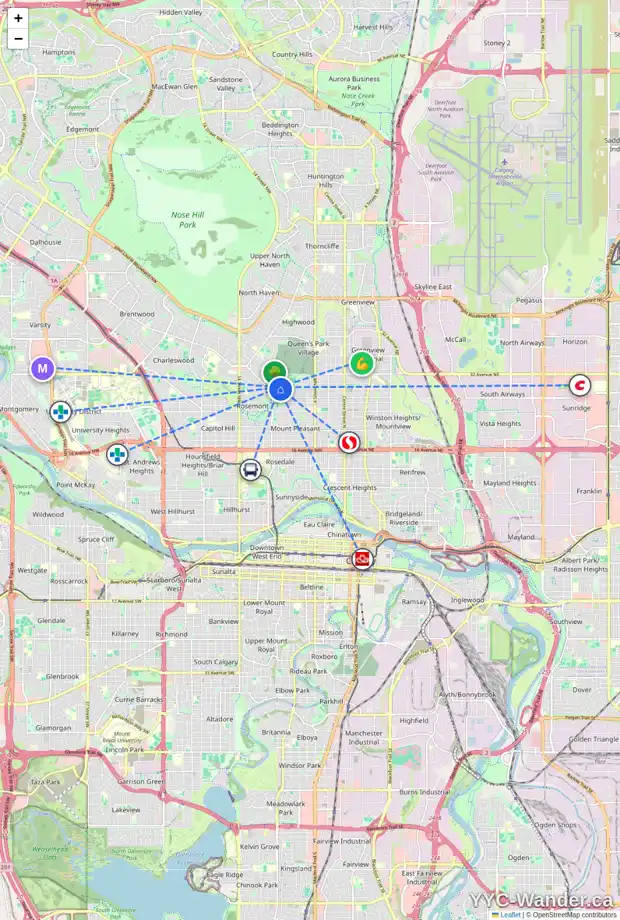Daily accessibility map for 8 CAMBRIDGE PL NW, Calgary showing nearby schools, grocery stores, parks, LRT stations and nearby amenities