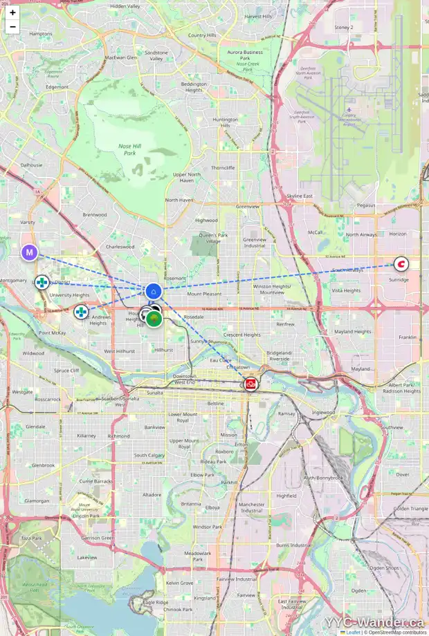 Daily accessibility map for 1715 22 AV NW, Calgary showing nearby schools, grocery stores, parks, LRT stations and nearby amenities