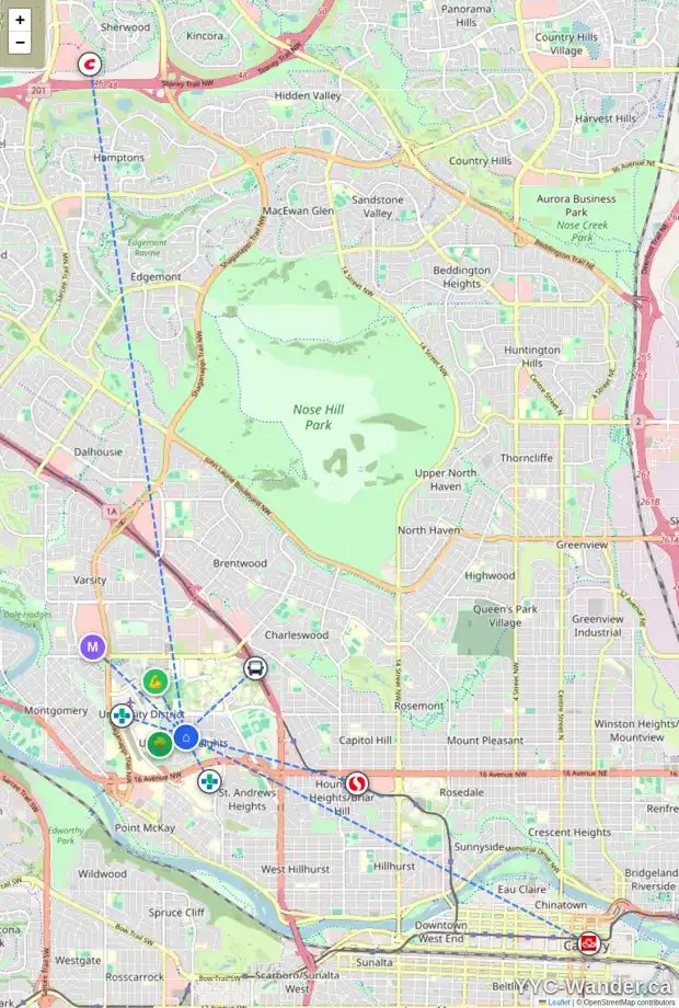 Daily accessibility map for 2316 UXBRIDGE DR NW, Calgary showing nearby schools, grocery stores, parks, LRT stations and nearby amenities