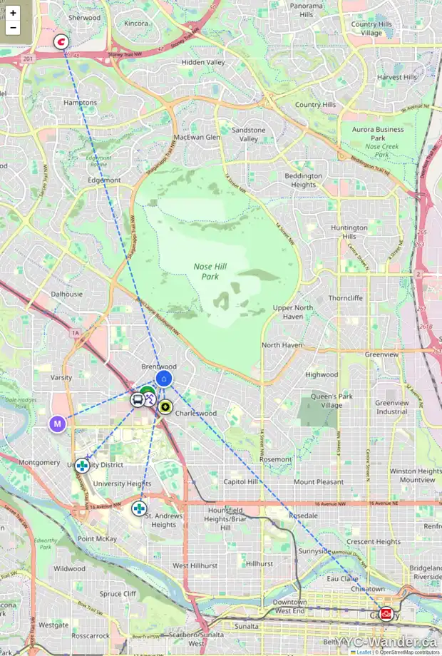 Daily accessibility map for 1255 NORTHMOUNT DR NW, Calgary showing nearby schools, grocery stores, parks, LRT stations and nearby amenities