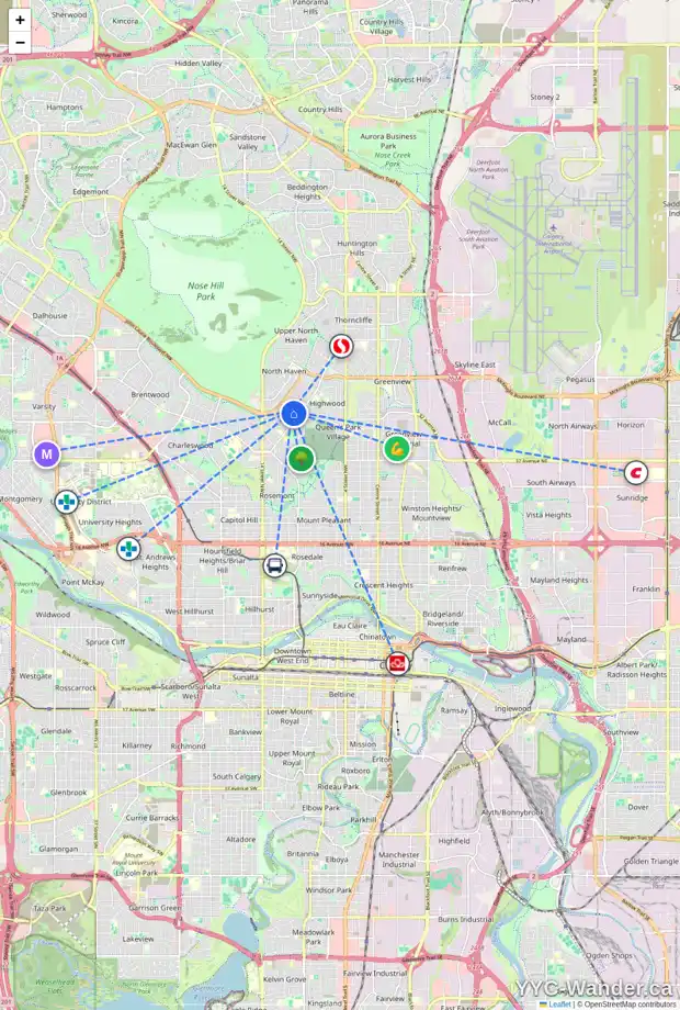 Daily accessibility map for 9 HOUNSLOW DR NW, Calgary showing nearby schools, grocery stores, parks, LRT stations and nearby amenities