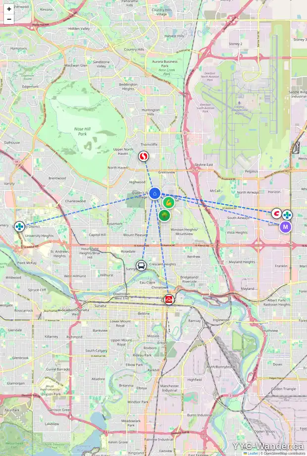Daily accessibility map for 3910 2 ST NW, Calgary showing nearby schools, grocery stores, parks, LRT stations and nearby amenities