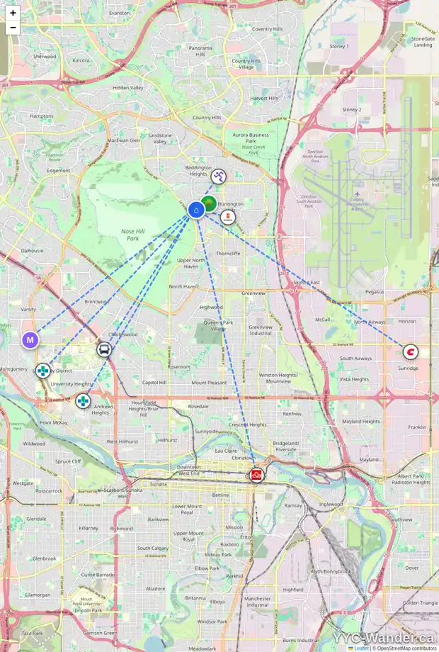 Daily accessibility map for 7503 HUNTERVIEW DR NW, Calgary showing nearby schools, grocery stores, parks, LRT stations and nearby amenities
