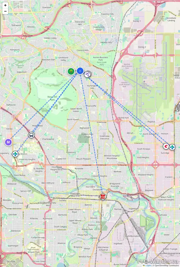 Daily accessibility map for 107 BERMUDA CL NW, Calgary showing nearby schools, grocery stores, parks, LRT stations and nearby amenities