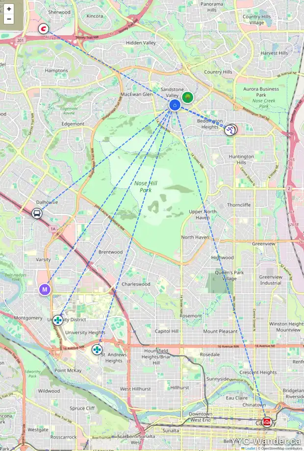 Daily accessibility map for 159 SANDARAC PL NW, Calgary showing nearby schools, grocery stores, parks, LRT stations and nearby amenities