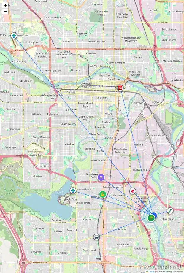 Daily accessibility map for 131 RIVERSIDE CL SE, Calgary showing nearby schools, grocery stores, parks, LRT stations and nearby amenities