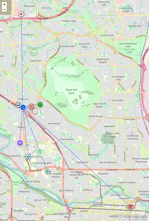 Daily accessibility map for 1608 4944 DALTON DR NW, Calgary showing nearby schools, grocery stores, parks, LRT stations and nearby amenities