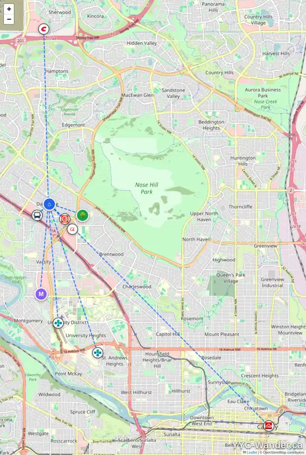 Daily accessibility map for 208 DALGLEISH BA NW, Calgary showing nearby schools, grocery stores, parks, LRT stations and nearby amenities