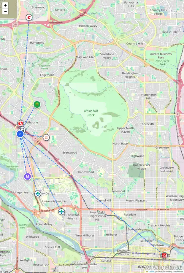 Daily accessibility map for 4 VARSITY ESTATES GD NW, Calgary showing nearby schools, grocery stores, parks, LRT stations and nearby amenities