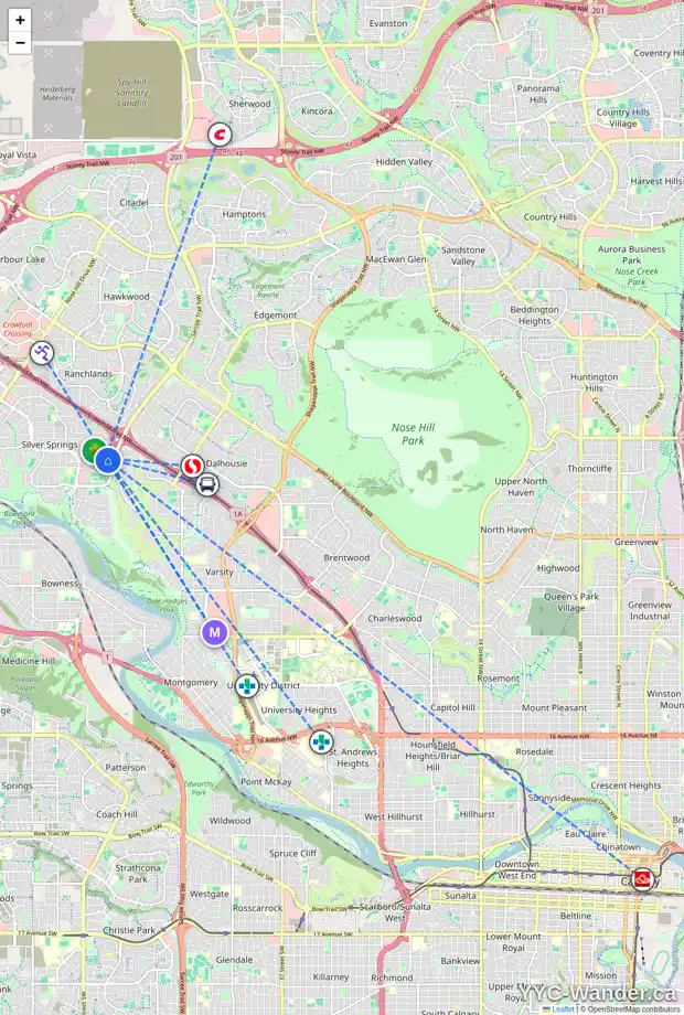 Daily accessibility map for 6267 SILVER SPRINGS HL NW, Calgary showing nearby schools, grocery stores, parks, LRT stations and nearby amenities