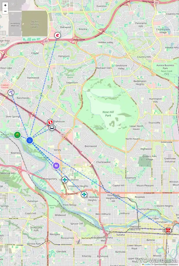 Daily accessibility map for 48 SILVERVIEW WY NW, Calgary showing nearby schools, grocery stores, parks, LRT stations and nearby amenities