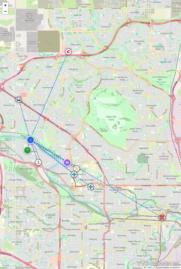 Daily accessibility map for 52 BOW VILLAGE CR NW, Calgary showing nearby schools, grocery stores, parks, LRT stations and nearby amenities