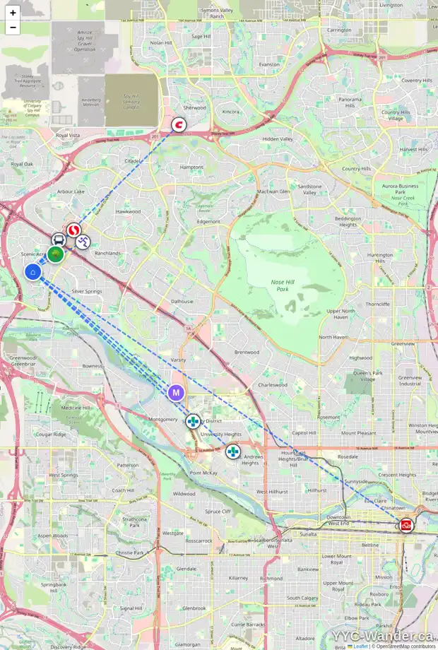 Daily accessibility map for 70 SCENIC PARK CR NW, Calgary showing nearby schools, grocery stores, parks, LRT stations and nearby amenities