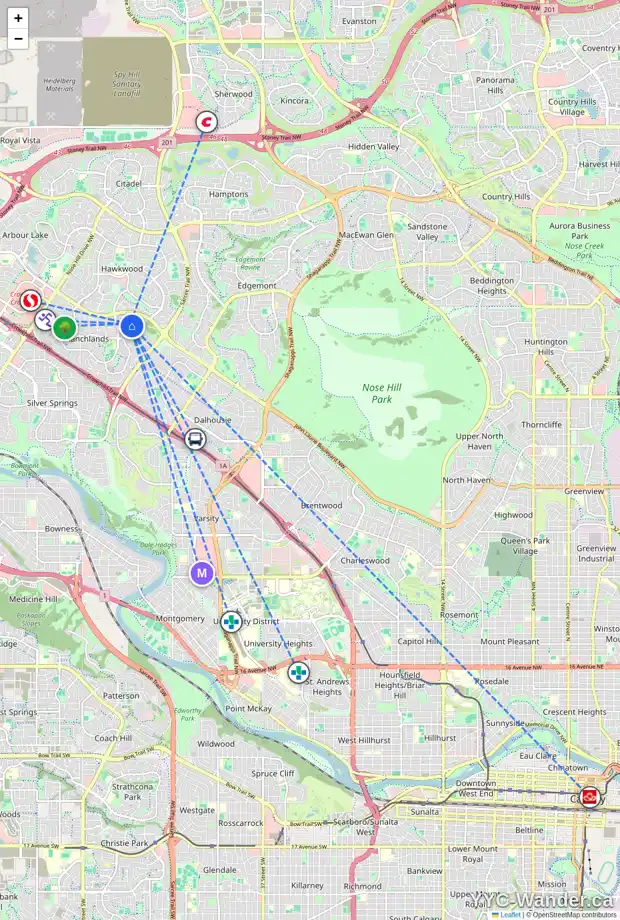 Daily accessibility map for 119 RANCH ESTATES BA NW, Calgary showing nearby schools, grocery stores, parks, LRT stations and nearby amenities