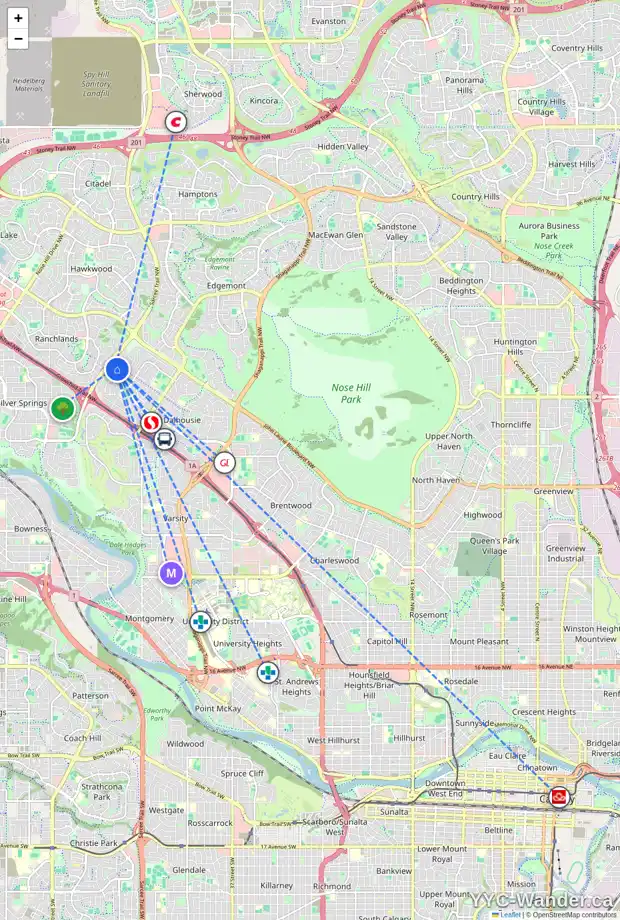 Daily accessibility map for 212 DALCASTLE ME NW, Calgary showing nearby schools, grocery stores, parks, LRT stations and nearby amenities