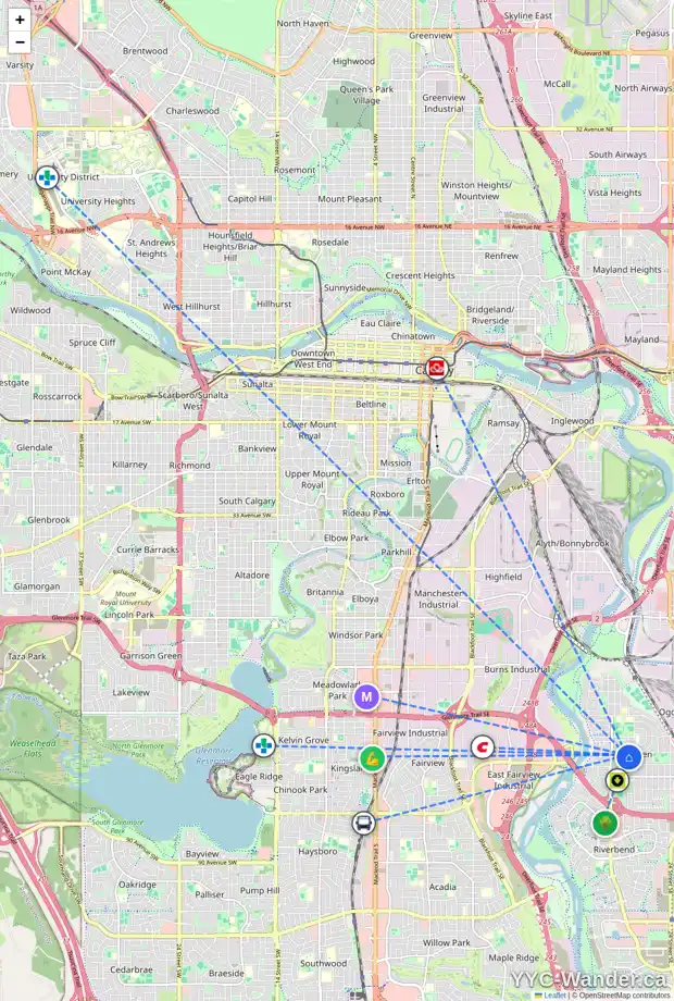 Daily accessibility map for 7215 20 ST SE, Calgary showing nearby schools, grocery stores, parks, LRT stations and nearby amenities