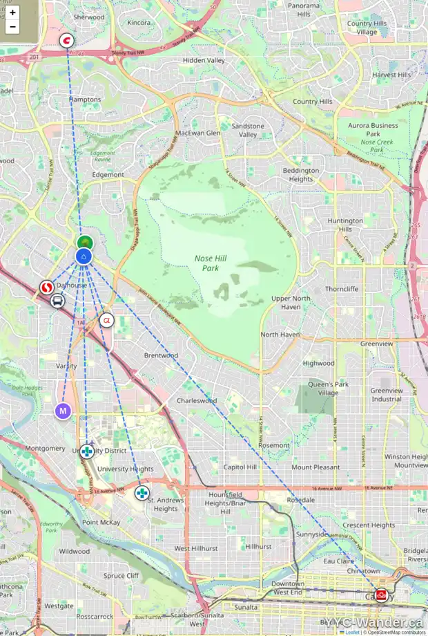 Daily accessibility map for 167 DALHURST WY NW, Calgary showing nearby schools, grocery stores, parks, LRT stations and nearby amenities
