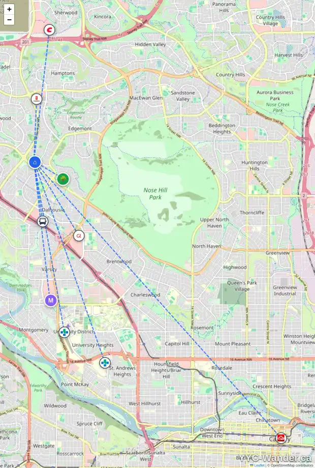 Daily accessibility map for 24 EDGEHILL RI NW, Calgary showing nearby schools, grocery stores, parks, LRT stations and nearby amenities