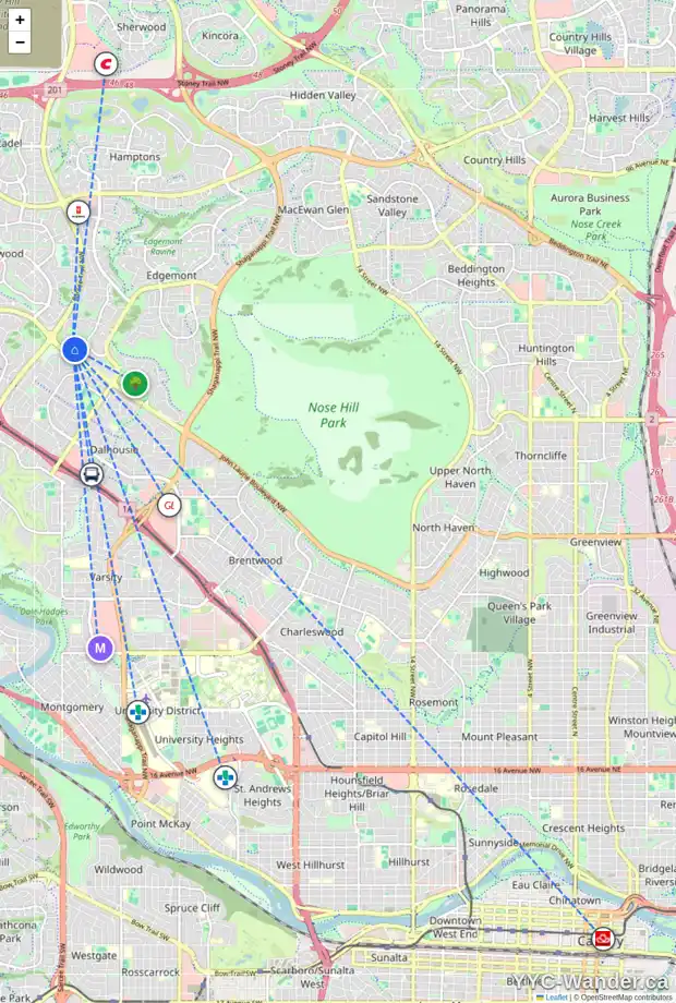 Daily accessibility map for 16 EDGEHILL RI NW, Calgary showing nearby schools, grocery stores, parks, LRT stations and nearby amenities