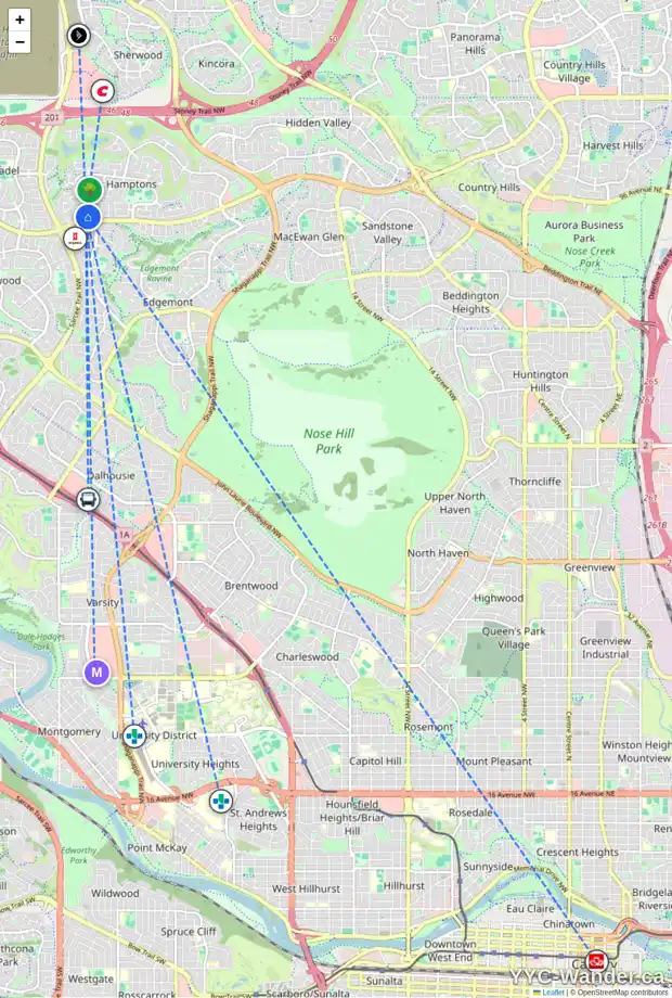 Daily accessibility map for 228 HAMPSHIRE CO NW, Calgary showing nearby schools, grocery stores, parks, LRT stations and nearby amenities