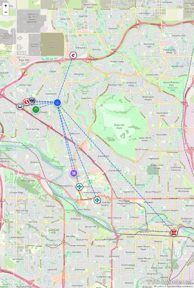 Daily accessibility map for 123 HAWKSBROW ME NW, Calgary showing nearby schools, grocery stores, parks, LRT stations and nearby amenities