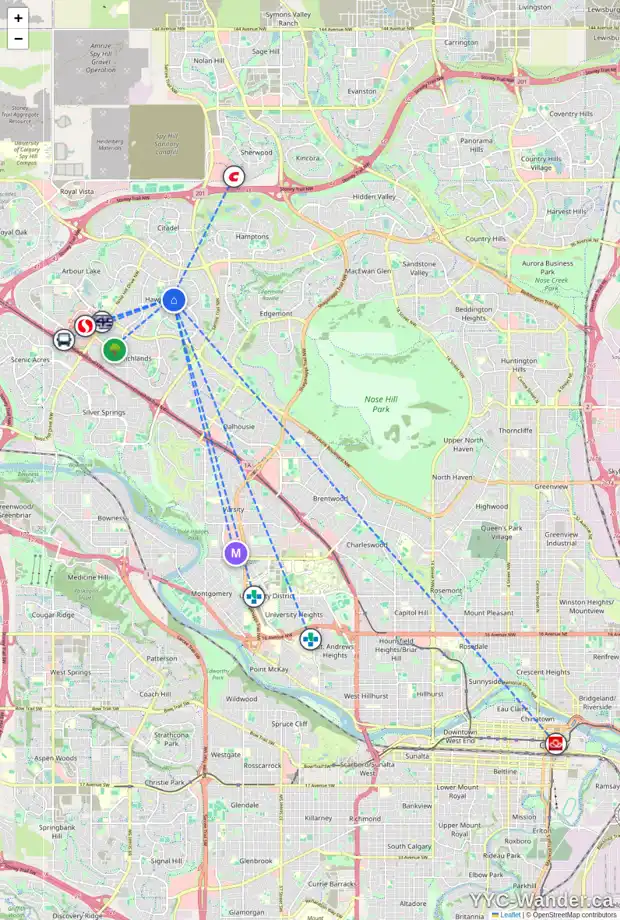 Daily accessibility map for 494 HAWKFORD WY NW, Calgary showing nearby schools, grocery stores, parks, LRT stations and nearby amenities