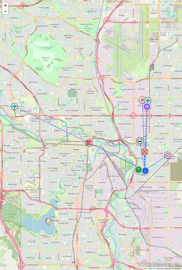Daily accessibility map for 3225 32A AV SE, Calgary showing nearby schools, grocery stores, parks, LRT stations and nearby amenities