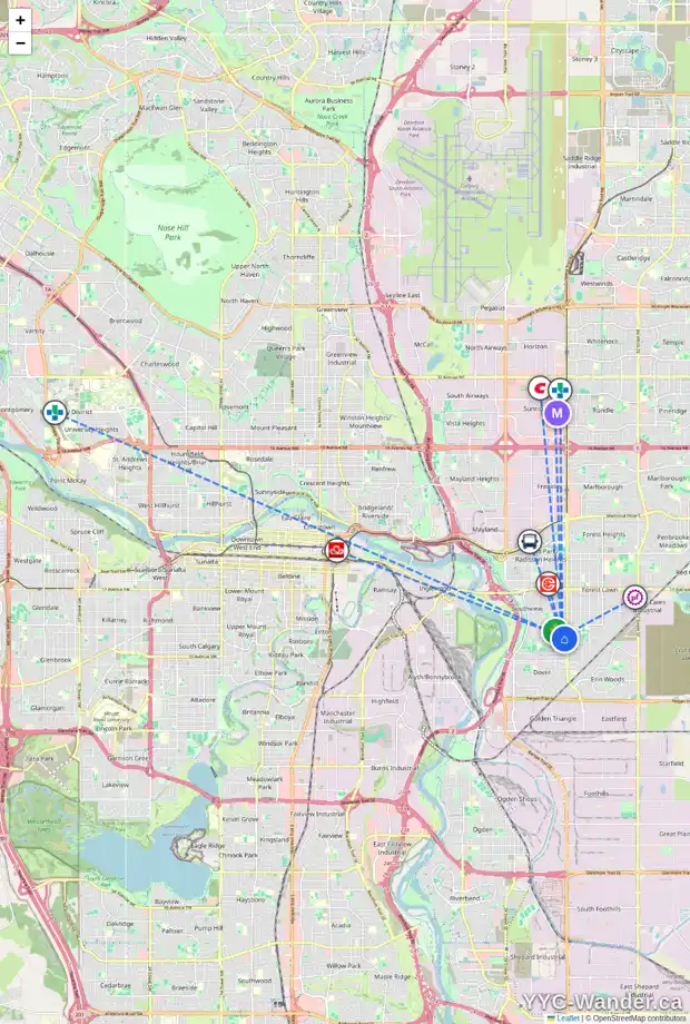 Daily accessibility map for 3609 28A AV SE, Calgary showing nearby schools, grocery stores, parks, LRT stations and nearby amenities