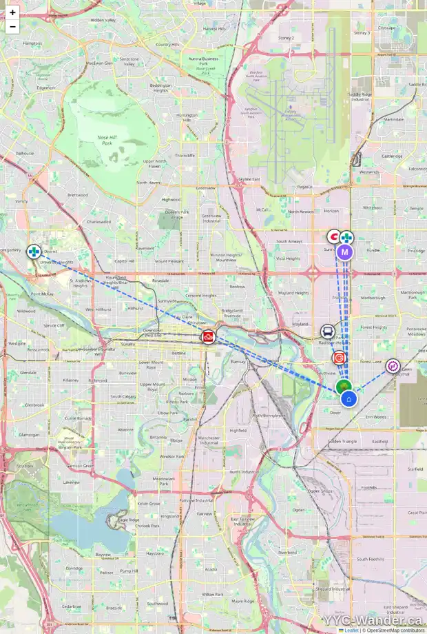Daily accessibility map for 3444 31A AV SE, Calgary showing nearby schools, grocery stores, parks, LRT stations and nearby amenities