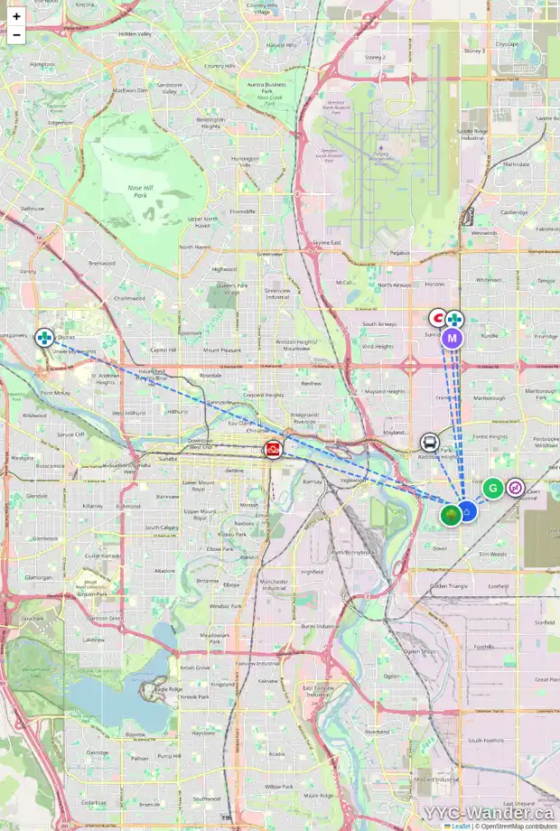 Daily accessibility map for 2632 37 ST SE, Calgary showing nearby schools, grocery stores, parks, LRT stations and nearby amenities