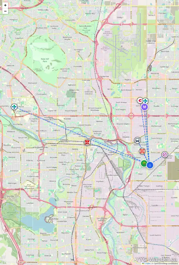 Daily accessibility map for 12 DOVERDALE ME SE, Calgary showing nearby schools, grocery stores, parks, LRT stations and nearby amenities