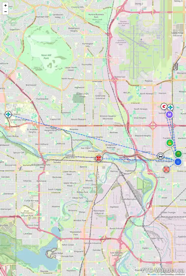 Daily accessibility map for 928 39 ST SE, Calgary showing nearby schools, grocery stores, parks, LRT stations and nearby amenities