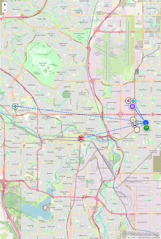 Daily accessibility map for 4627 MARCOMBE RD NE, Calgary showing nearby schools, grocery stores, parks, LRT stations and nearby amenities
