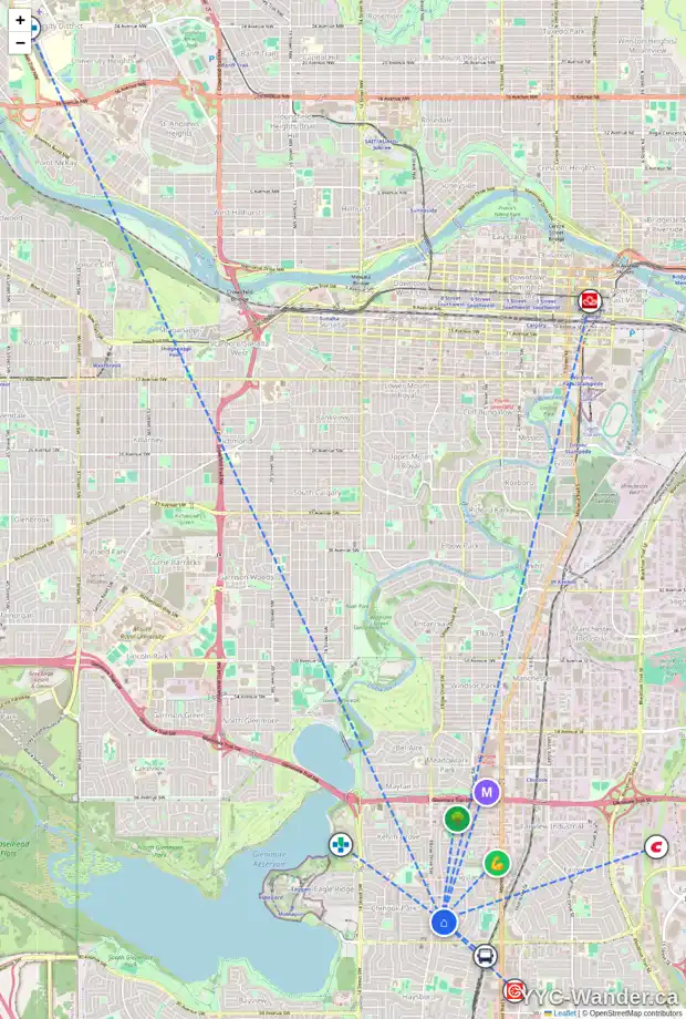Daily accessibility map for 8204 7 ST SW, Calgary showing nearby schools, grocery stores, parks, LRT stations and nearby amenities