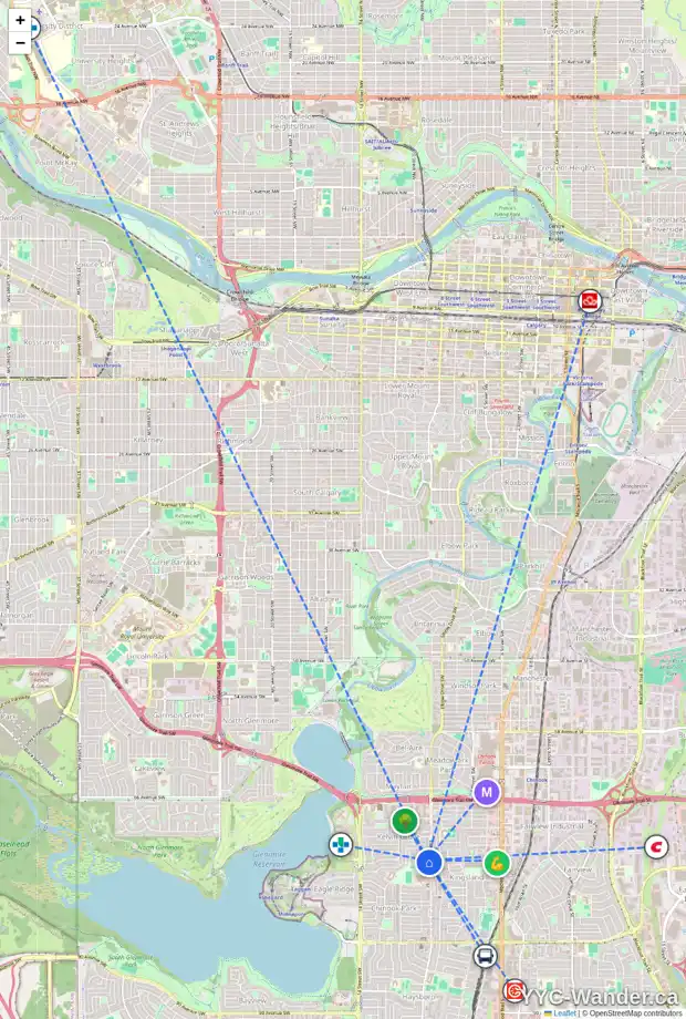 Daily accessibility map for 7331 KEEWATIN ST SW, Calgary showing nearby schools, grocery stores, parks, LRT stations and nearby amenities