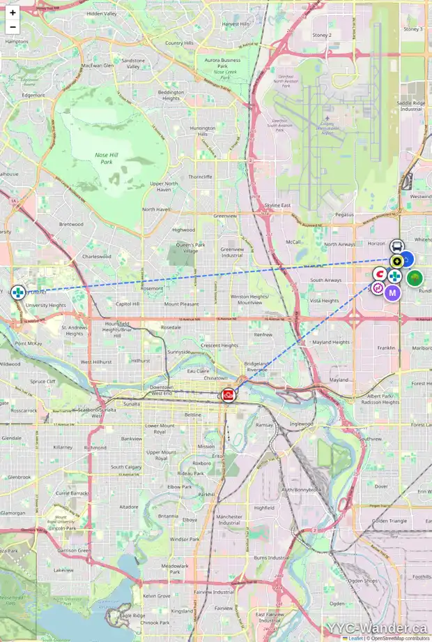 Daily accessibility map for 104 WHITMAN CR NE, Calgary showing nearby schools, grocery stores, parks, LRT stations and nearby amenities