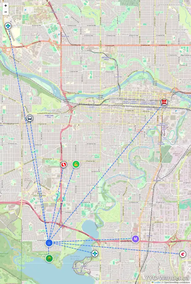 Daily accessibility map for 6707 LEPINE CO SW, Calgary showing nearby schools, grocery stores, parks, LRT stations and nearby amenities