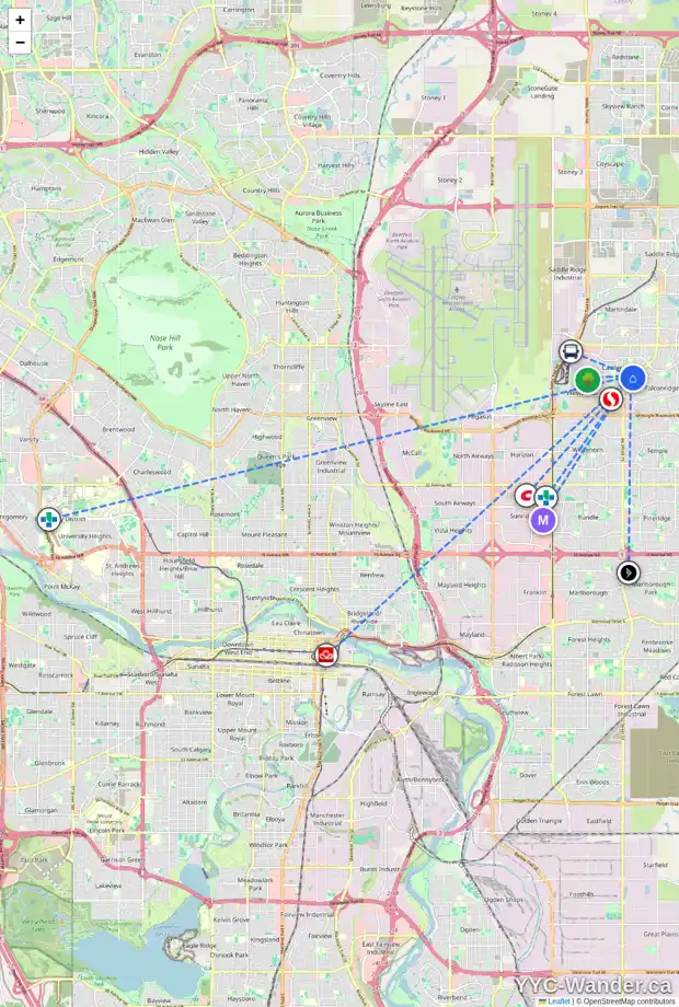 Daily accessibility map for 83 CASTLEGLEN CR NE, Calgary showing nearby schools, grocery stores, parks, LRT stations and nearby amenities
