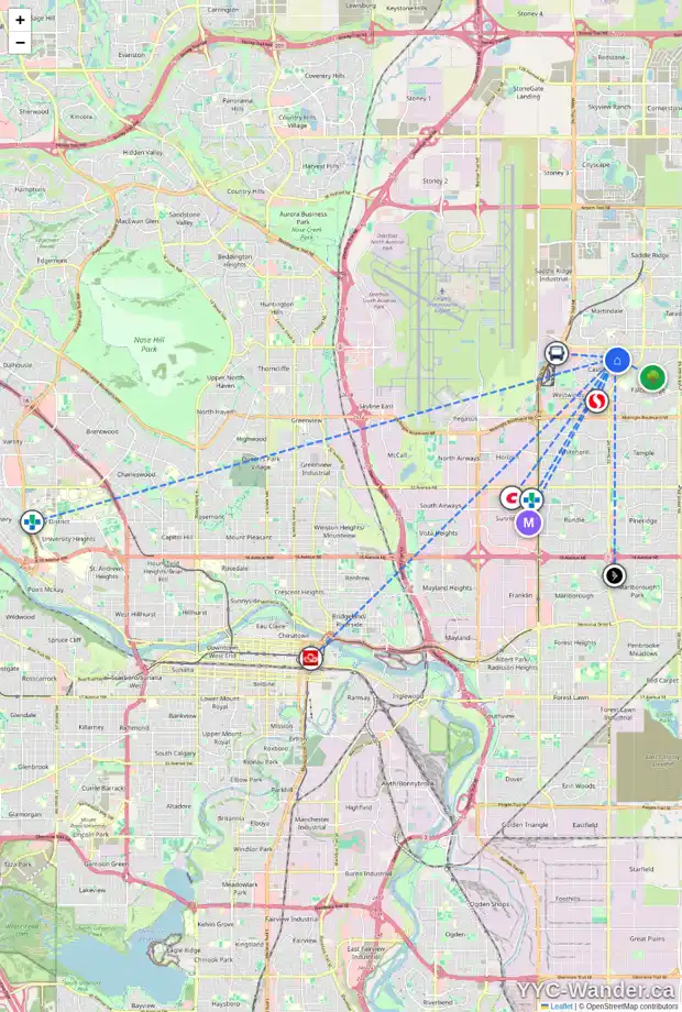 Daily accessibility map for 6395 54 ST NE, Calgary showing nearby schools, grocery stores, parks, LRT stations and nearby amenities