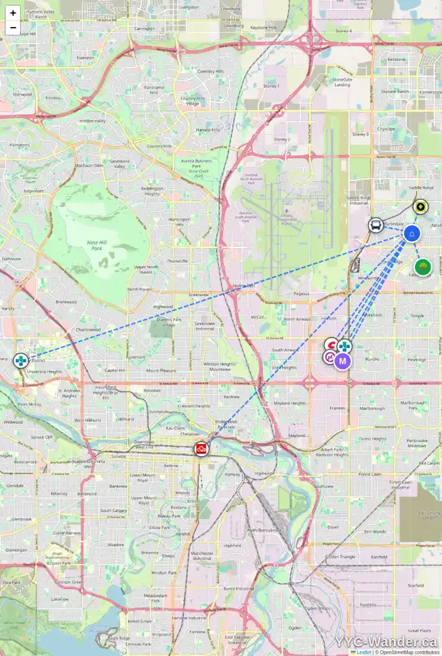 Daily accessibility map for 140 MARTINWOOD CO NE, Calgary showing nearby schools, grocery stores, parks, LRT stations and nearby amenities