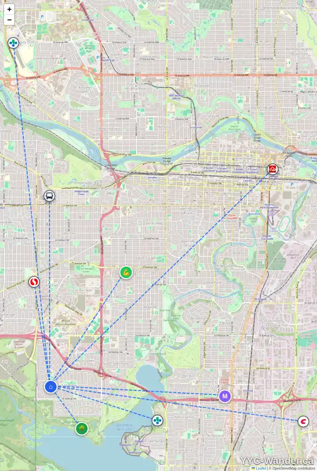 Daily accessibility map for 6204 34 ST SW, Calgary showing nearby schools, grocery stores, parks, LRT stations and nearby amenities